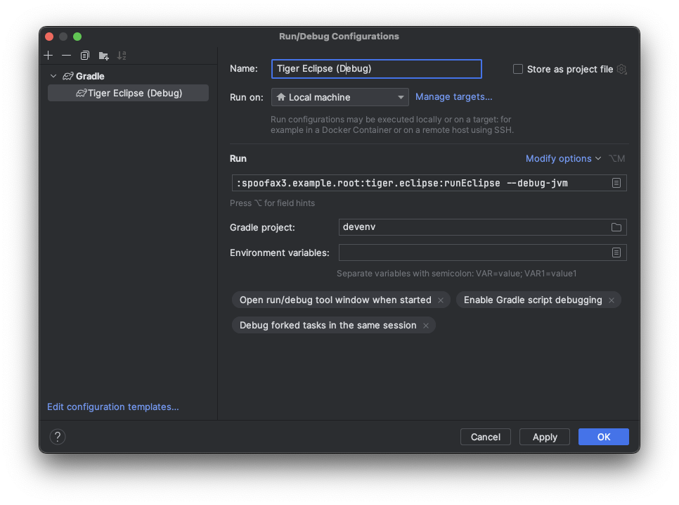 Image showing the Run Configuration for debugging Spoofax 3